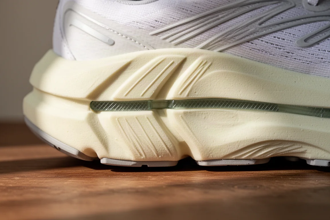 Close-up of a thick layered midsole foam stack showing texture and geometry