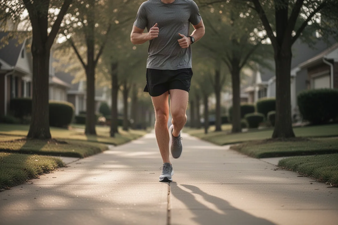 Runner testing a comfortable easy pace on quiet suburban pavement