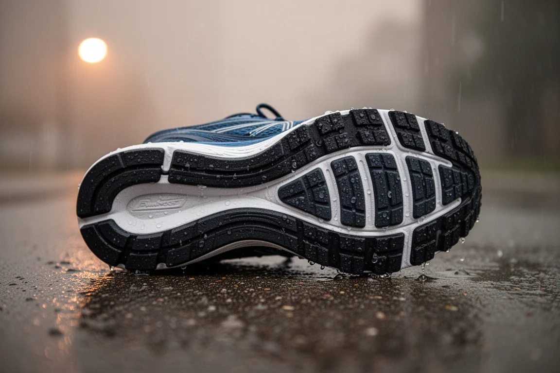 Close-up of a durable rubber outsole gripping wet pavement