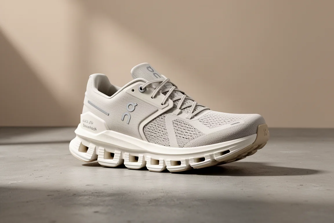 On Cloudboom Max running shoe with tall pale foam midsole on a concrete surface