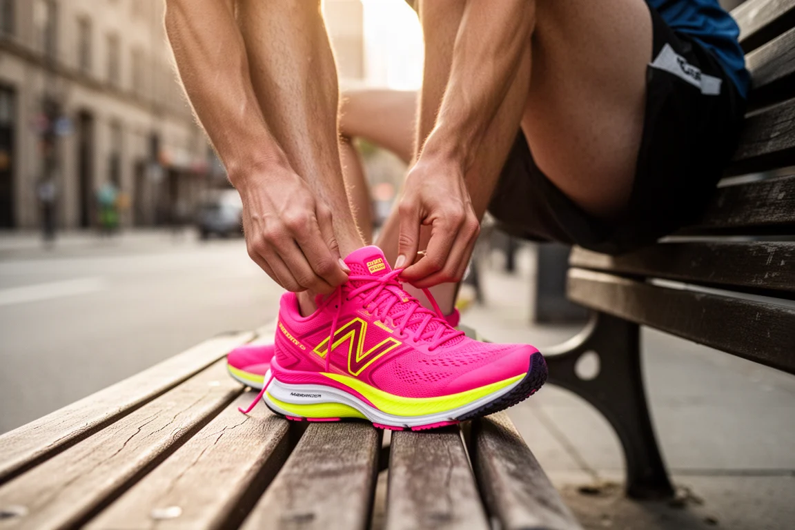 Runner lacing up a pink and yellow marathon racing shoe on a wooden bench