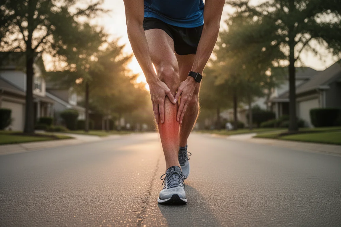 Runner pausing mid-run holding a sore calf on a quiet road