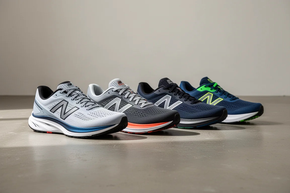 Several marathon racing shoes lined up side by side on a concrete surface