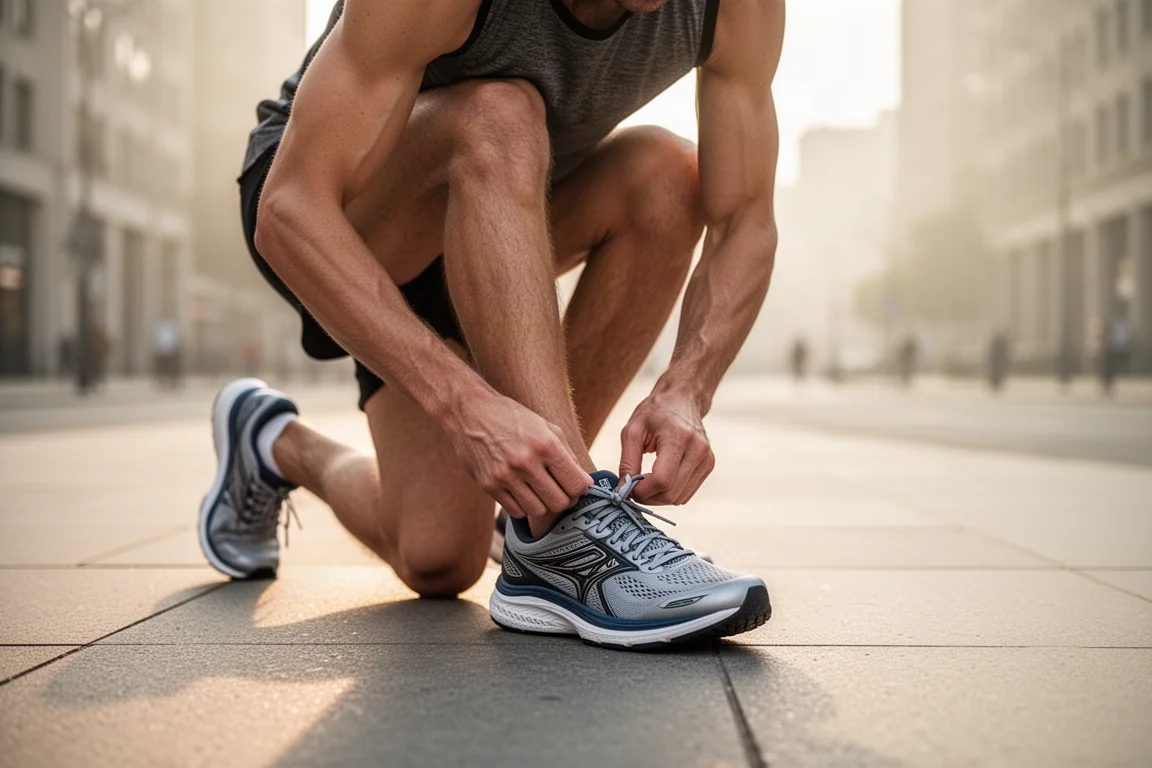 Un runner che allaccia le scarpe da running prima di un allenamento mattutino su strada