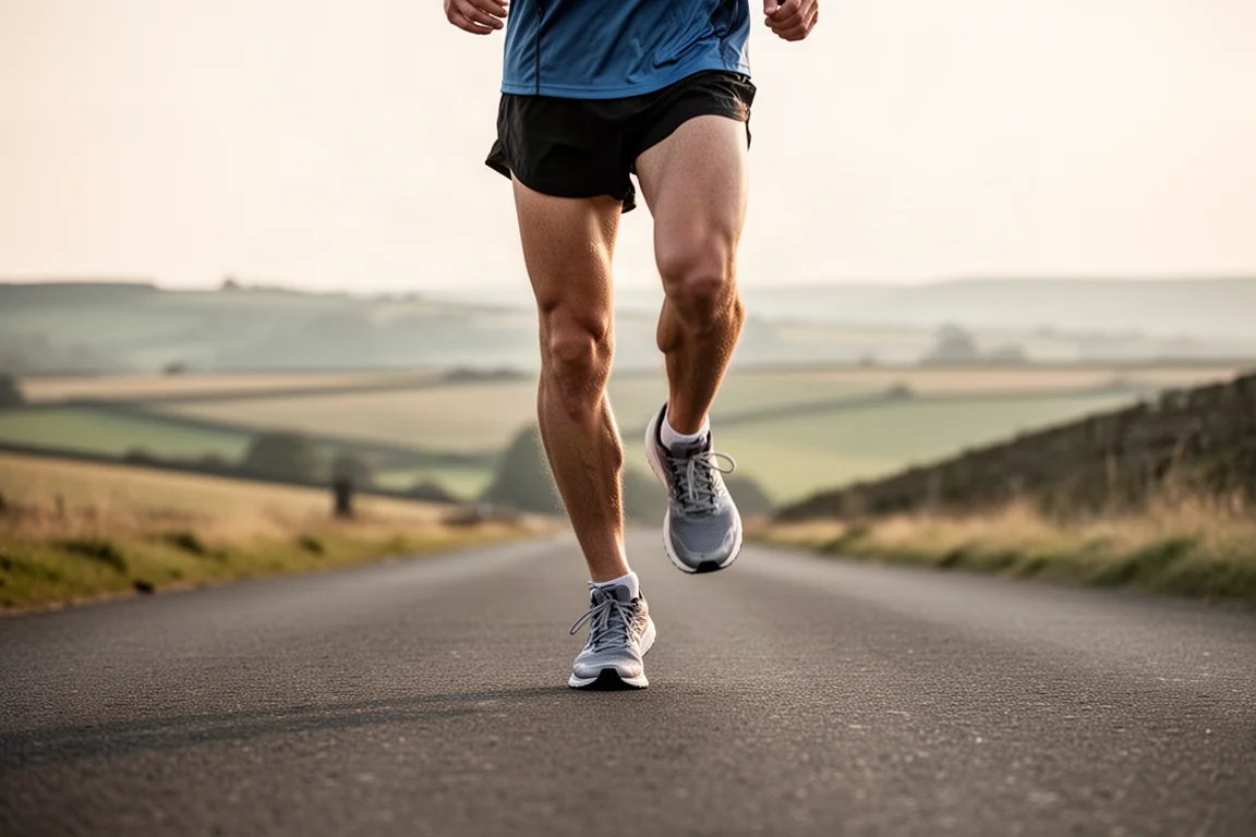 Un runner che corre su una strada aperta nella luce morbida del giorno durante un lungo allenamento