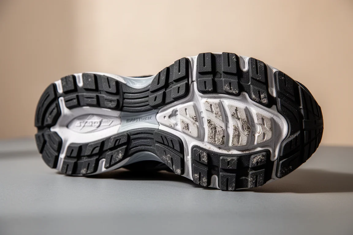 Primo piano di una spessa suola in gomma che mostra il battistrada di una scarpa da running