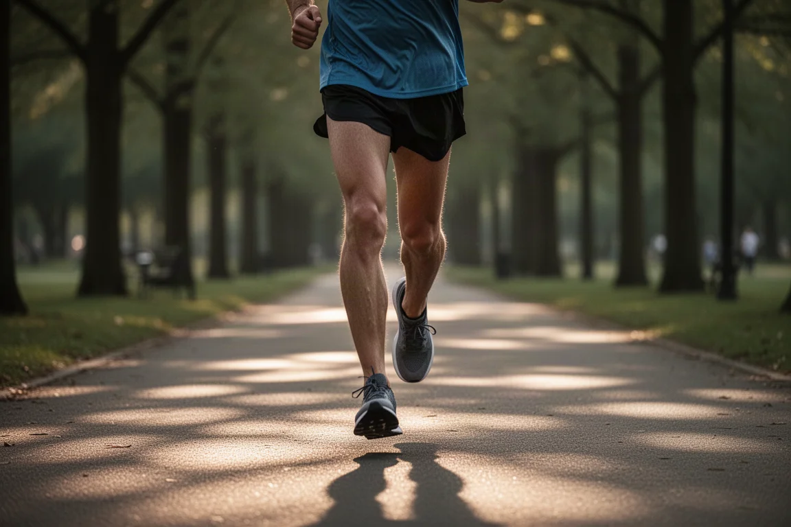Un coureur s'installe dans un rythme régulier de sortie longue sur une route ouverte