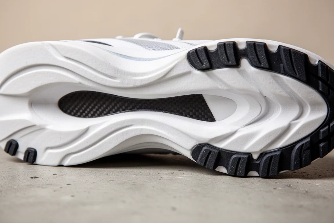 Dettaglio della tomaia in mesh aperto di una scarpa da running con trama traspirante
