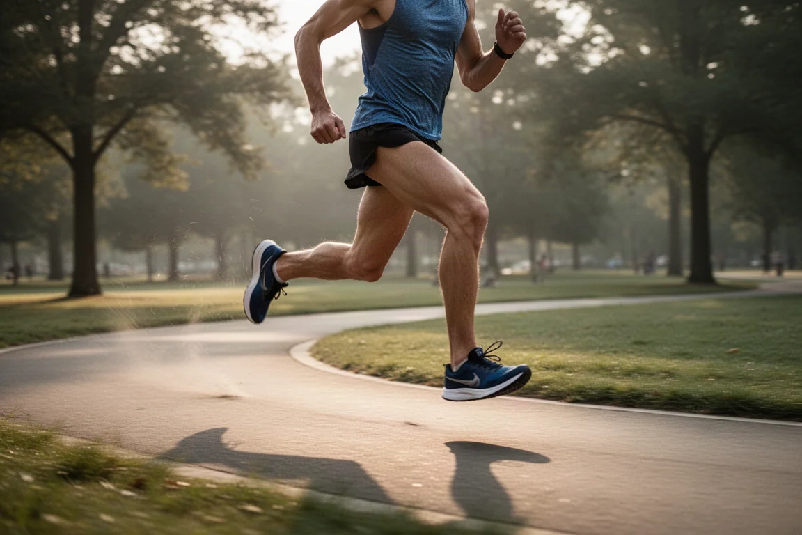 Löpare som accelererar genom en skarp kurva på en parkrunda