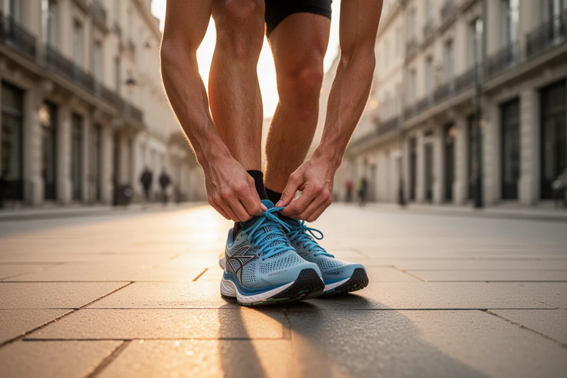 Runner stretching on a quiet city street in early morning light