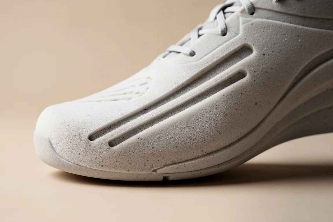 Close-up of a sculpted racing shoe midsole showing two forefoot channels
