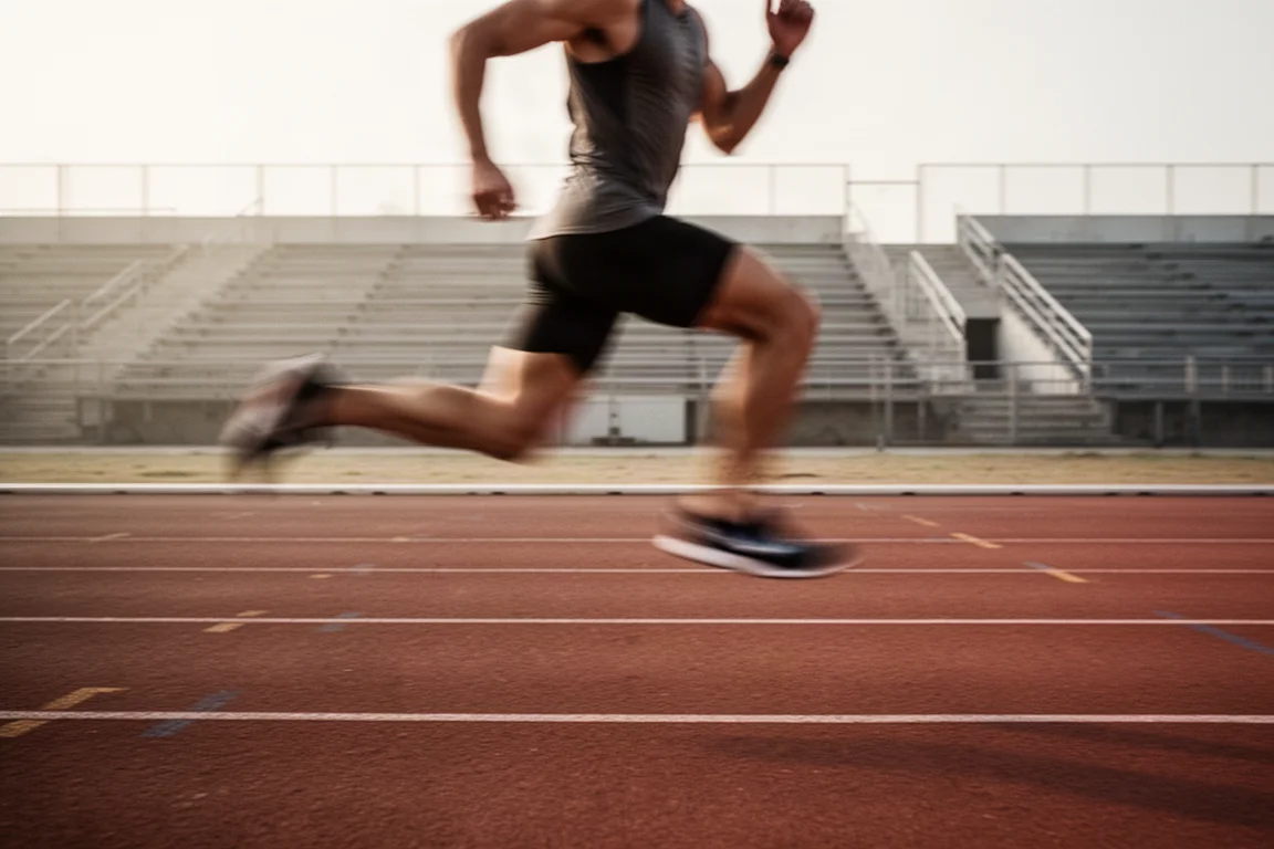 Runner running intervals on a running track in morning light