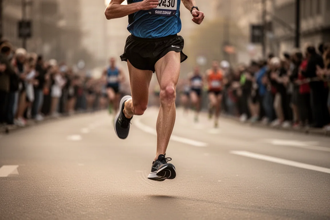 Runner racing on a city road in the late miles of a race