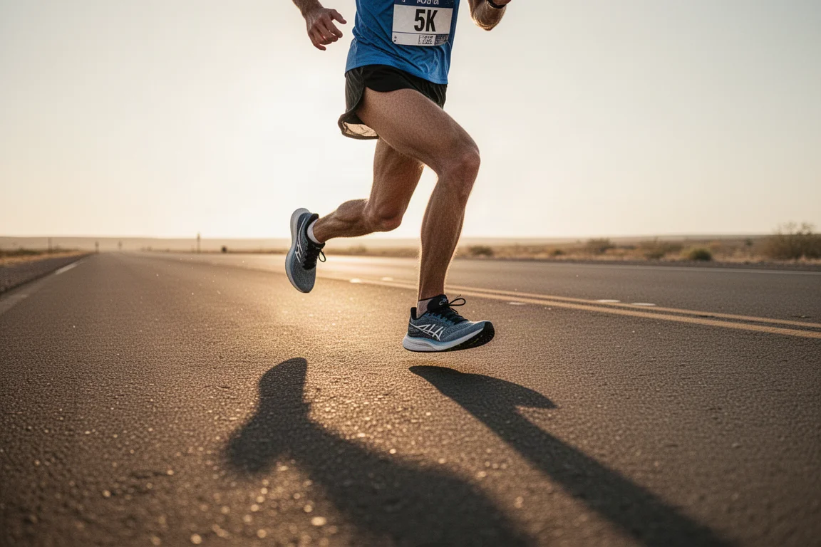 Hardloper finisht een snelle 5K-wedstrijd op een open weg bij zonsopgang