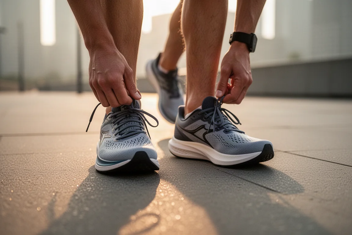Runner tying the laces of a lightweight road running shoe on a city sidewalk