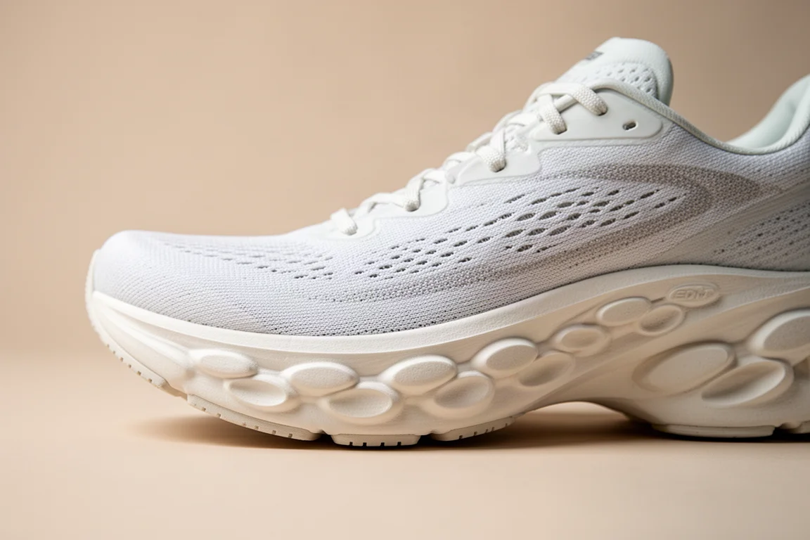 Close-up of the sculpted midsole and toe spring of a road running shoe