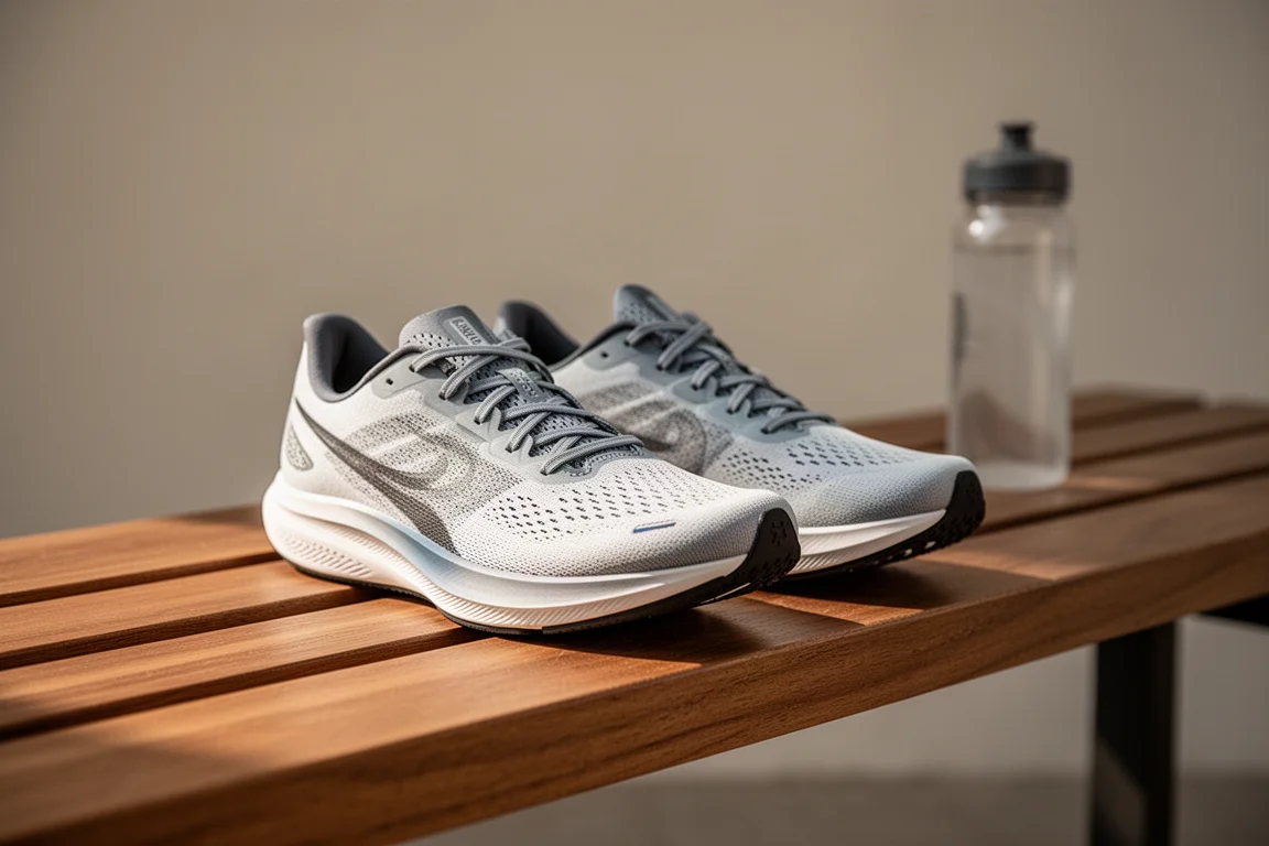 Pair of lightweight running shoes resting on a wooden bench after a run