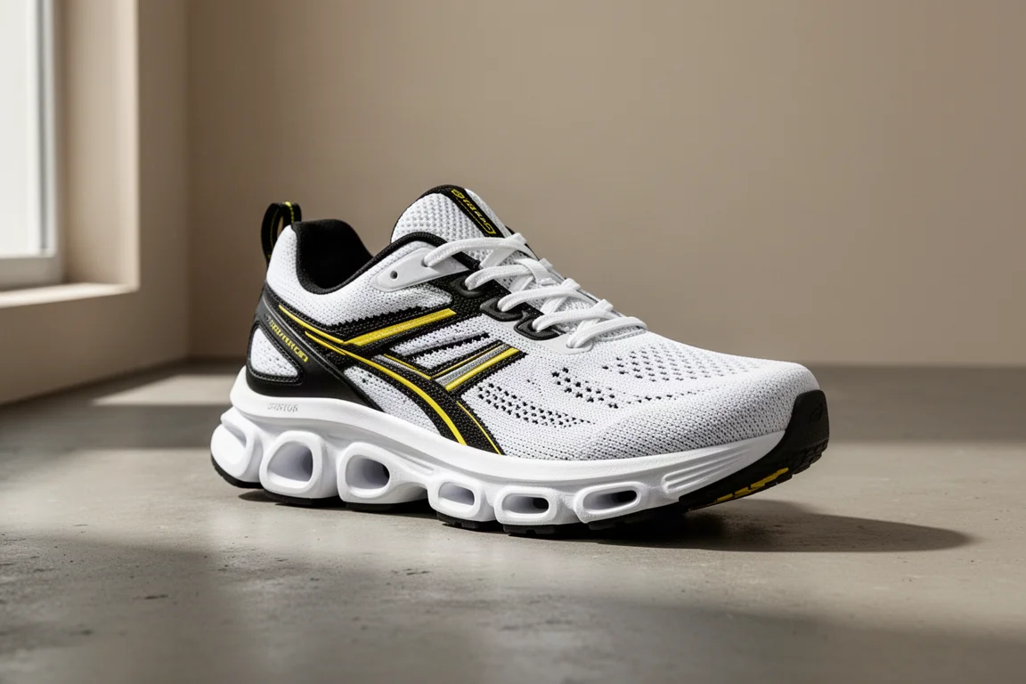 On Cloudflow 5 running shoe in white with black and yellow accents on concrete
