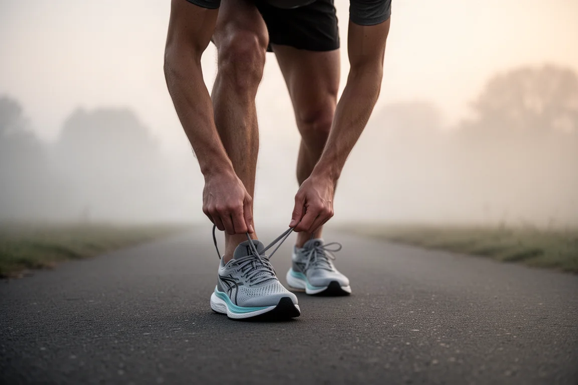 Runner lacing up lightweight running shoes on a quiet suburban path at dawn