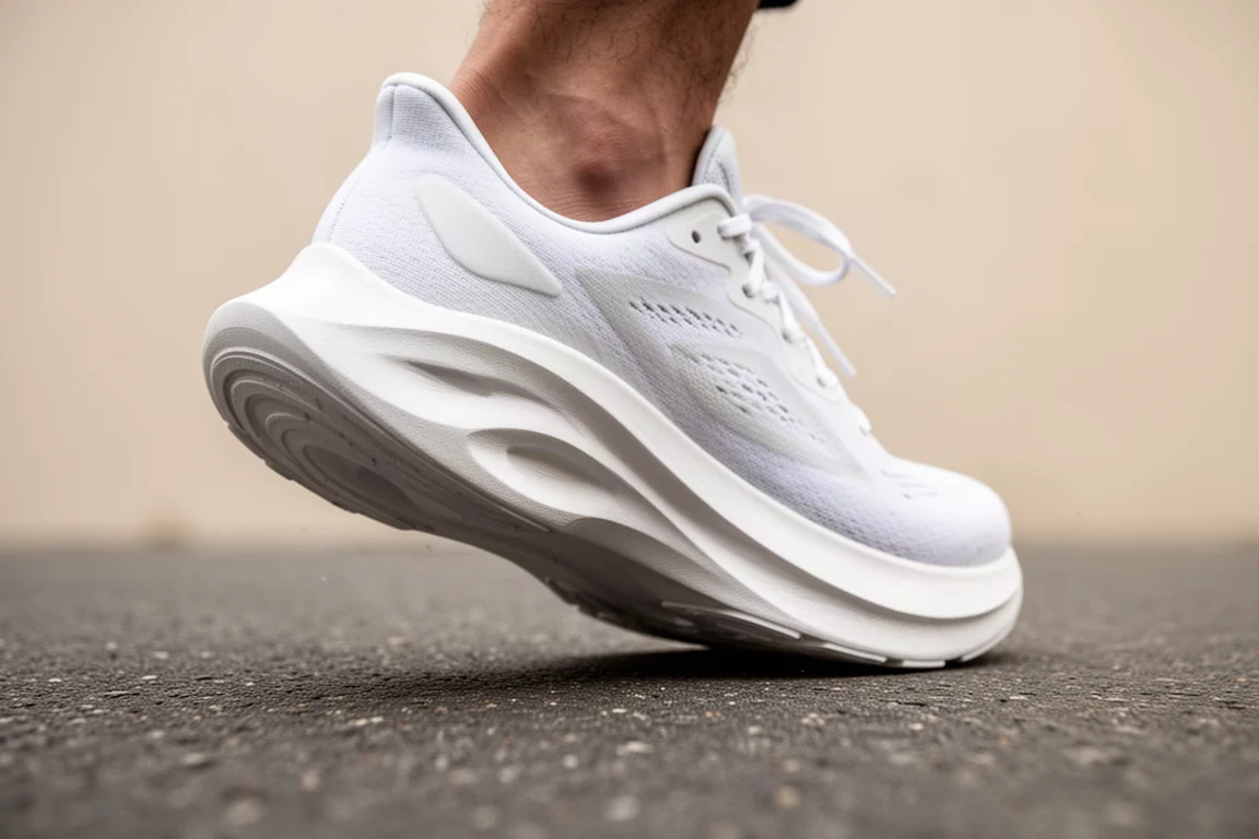 Close-up of a flexible foam midsole flexing during a stride