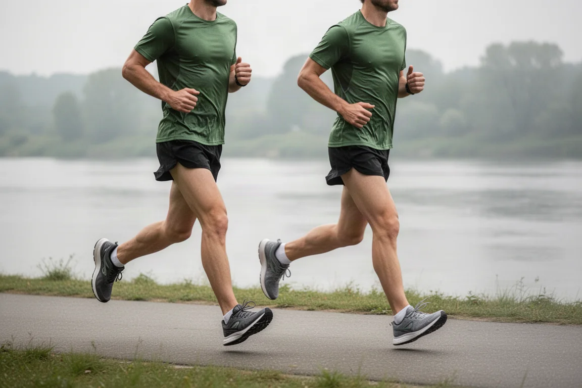 Runners cruising along a flat riverside path in easy-pace training