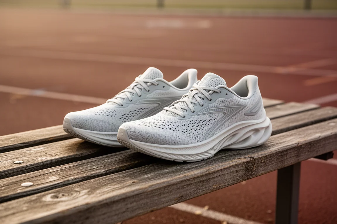 Pair of running shoes resting on a wooden bench beside a running track