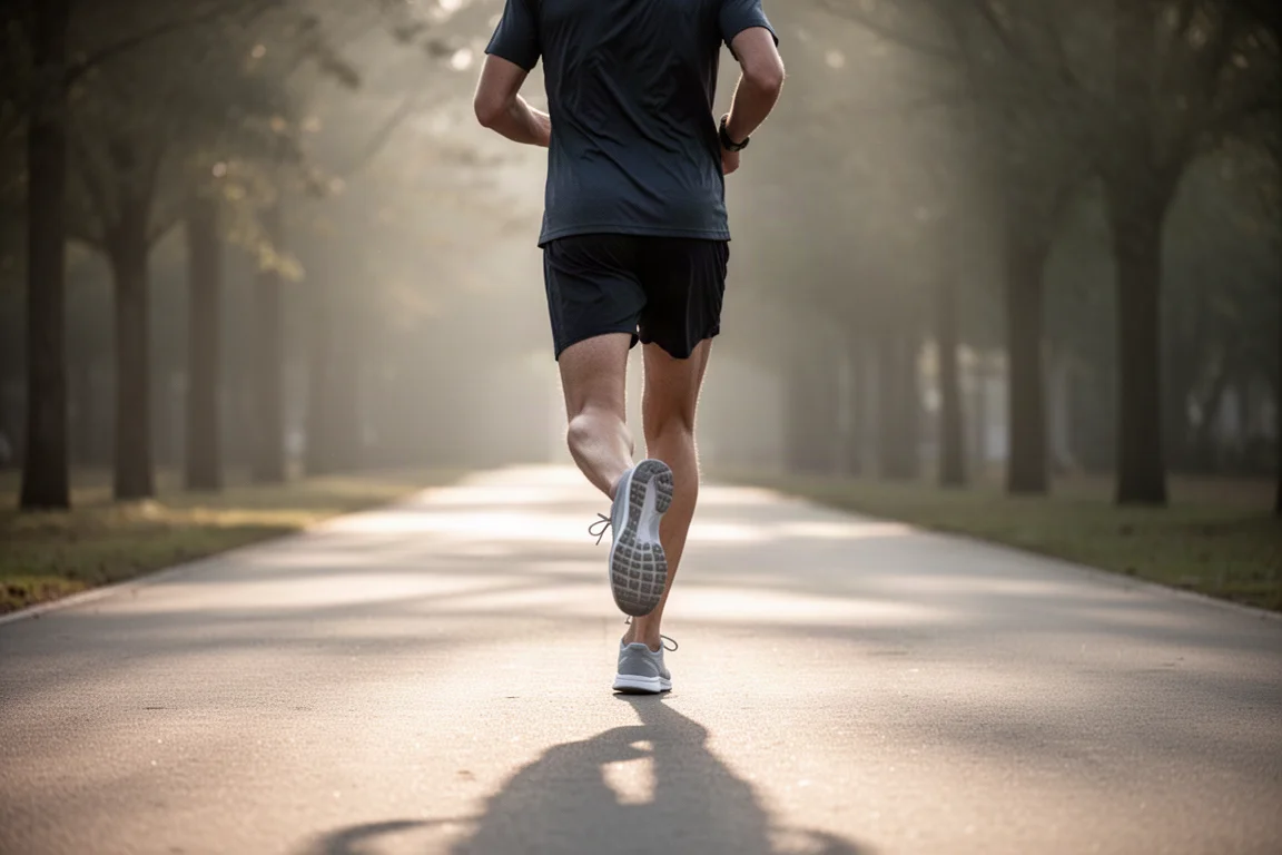 Runner seen from behind at mid-stride on a paved path at first light