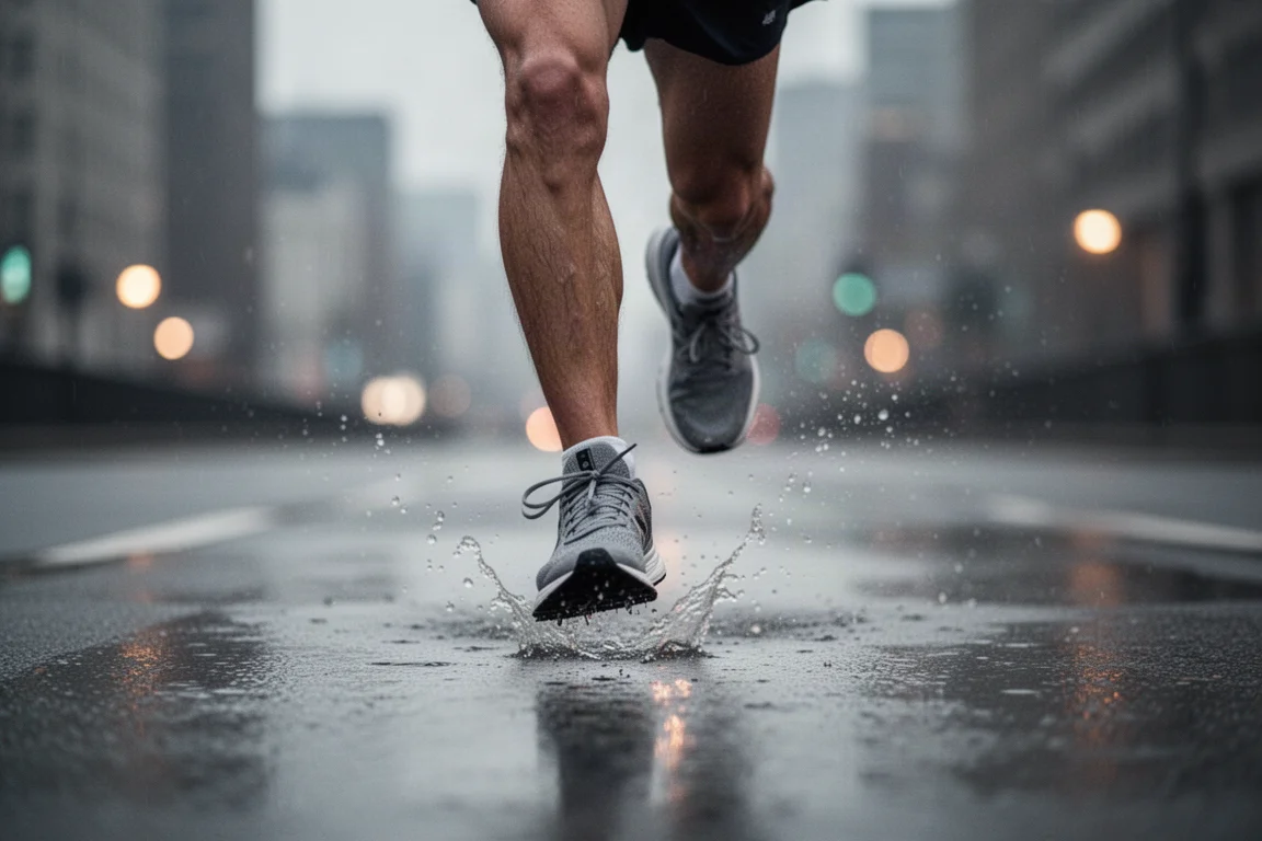 Low-angle view of a runner's foot landing on wet pavement at dusk