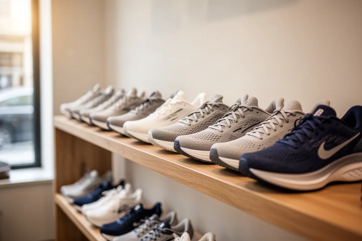 Rows of neutral running shoes on a wooden shelf in a softly lit shop