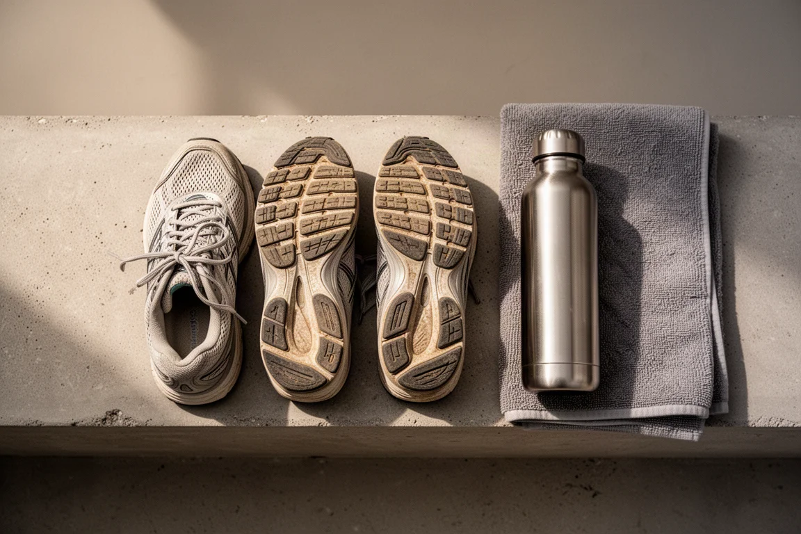 Overhead flat lay of worn running shoes with tread visible on concrete