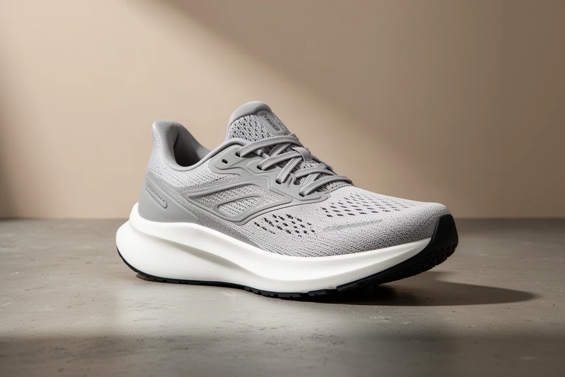 Neutral cushioned running shoe in light grey on a matte concrete surface