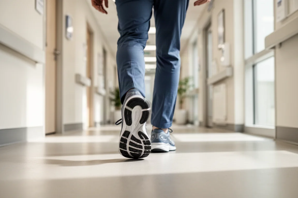 Person som går i en asfalterad klinikgång i bekväma löpskor