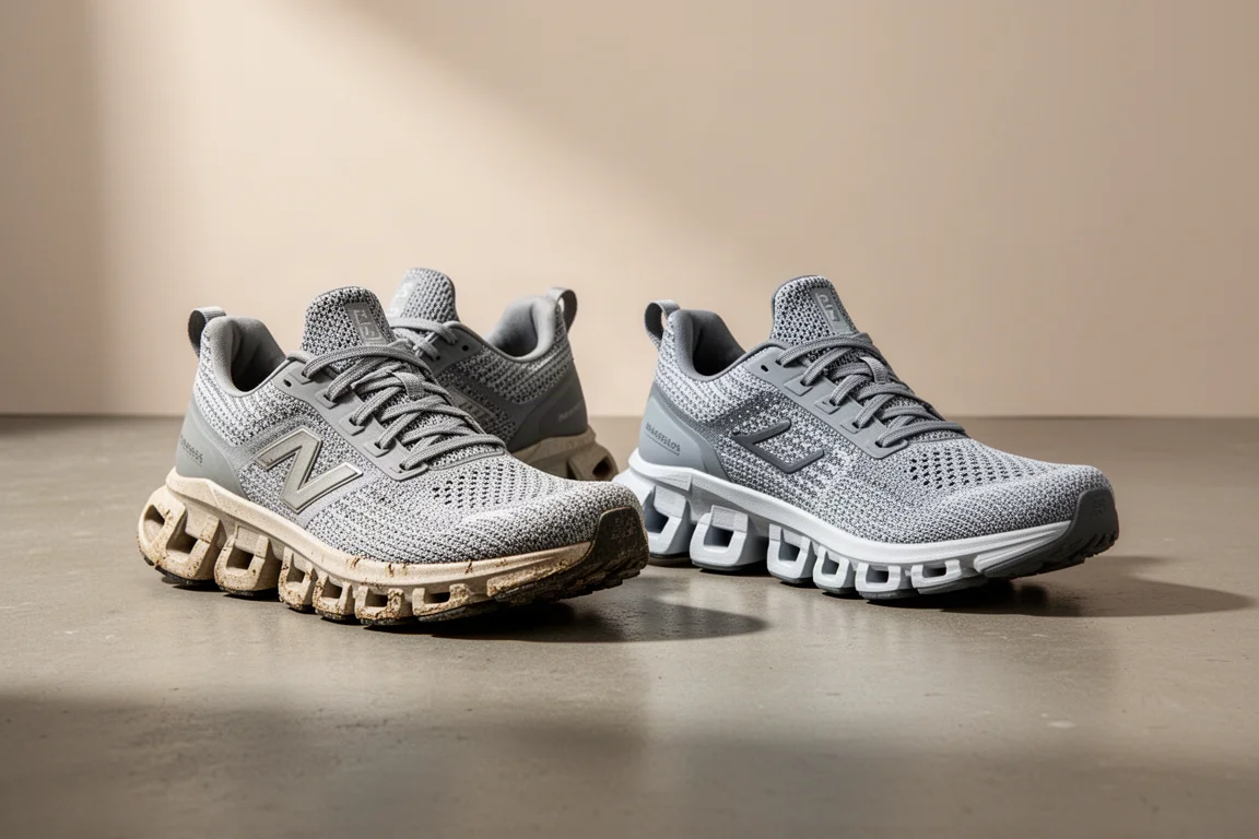 On Cloudmonster 2 and Cloudmonster 3 running shoes side by side on concrete