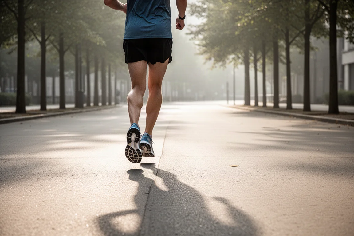 Coureur enchaînant des kilomètres tranquilles sur un trottoir lisse sous une douce lumière matinale