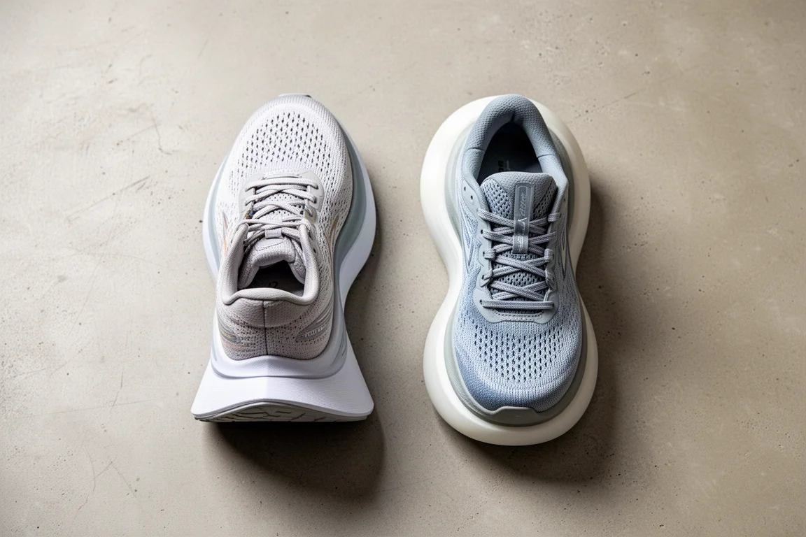 Deux chaussures de running côte à côte montrant des constructions de semelle intermédiaire différentes