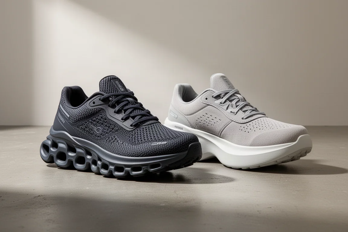On Cloudmonster 2 and Cloudmonster Hyper running shoes side by side on concrete