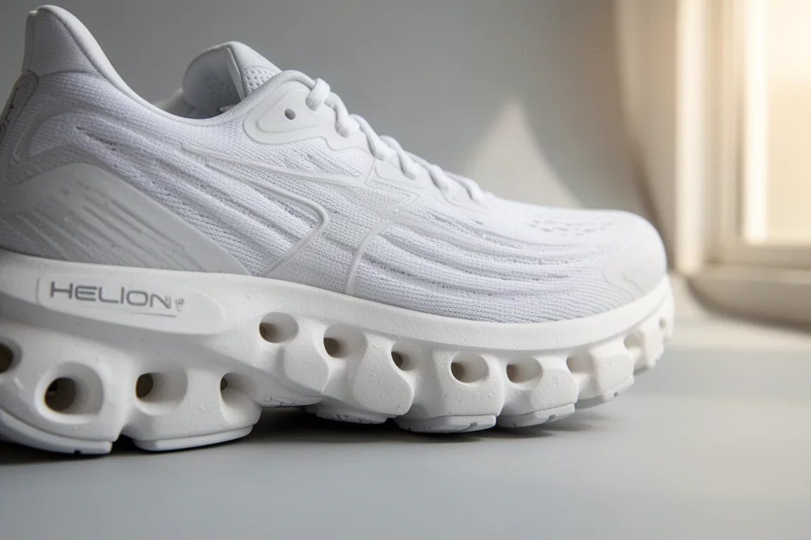 Close-up of a thick white foam midsole with segmented rubber pods on a running shoe