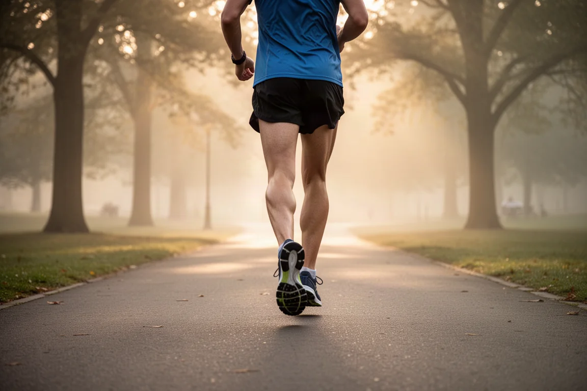 Runner jogging at an easy pace on a quiet park path in soft morning light