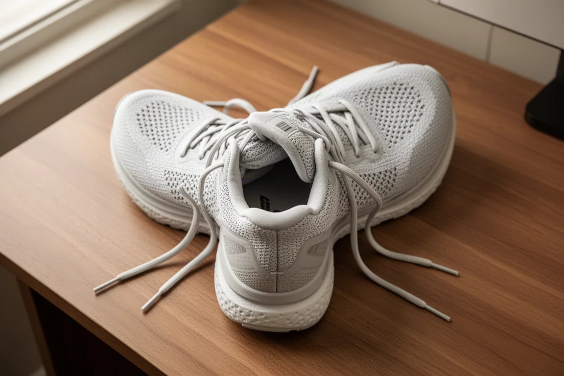 Interior view of a running shoe showing a padded tongue and stretchy knit upper