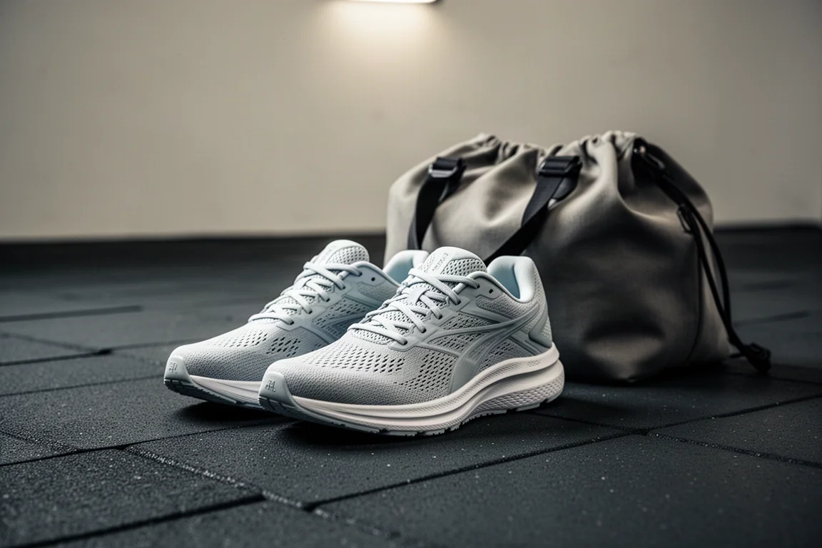 Pair of running shoes resting on a gym floor beside a training bag