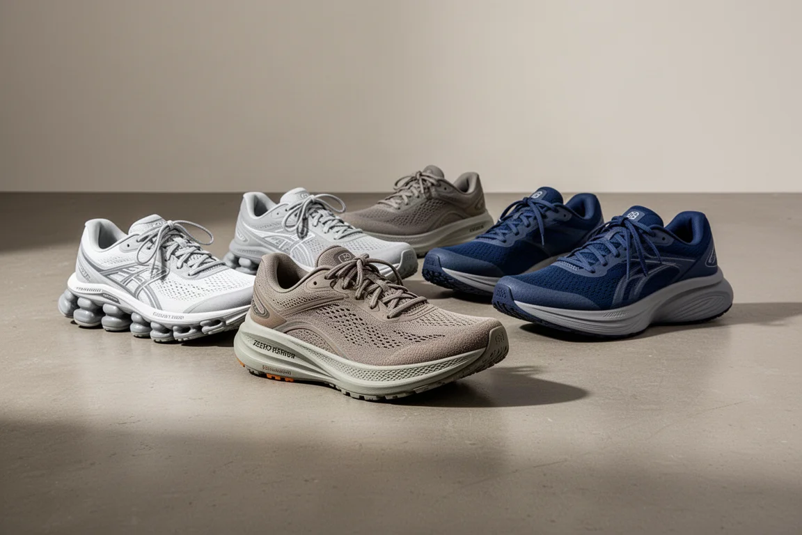 Six running shoes from the On, Altra and Saucony lines arranged on a concrete studio floor