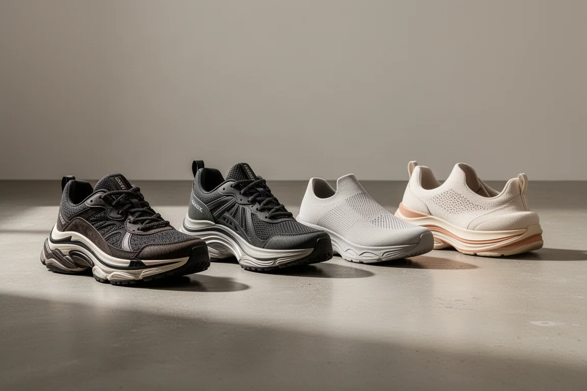 Four max-cushion running shoes lined up on a concrete floor
