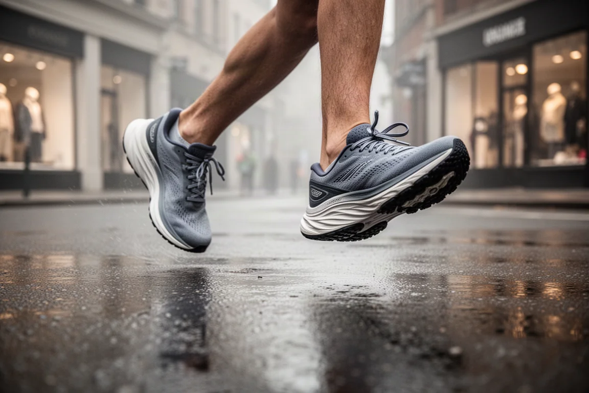 Corredor avanzando por una calle urbana mojada con zapatillas de running amortiguadas