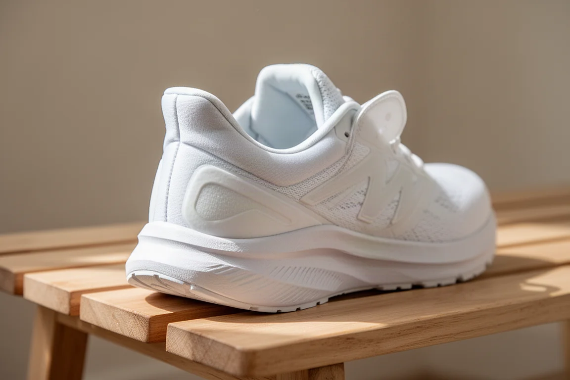 Primer plano del collar acolchado del talón y la lengüeta con fuelle de una zapatilla de running