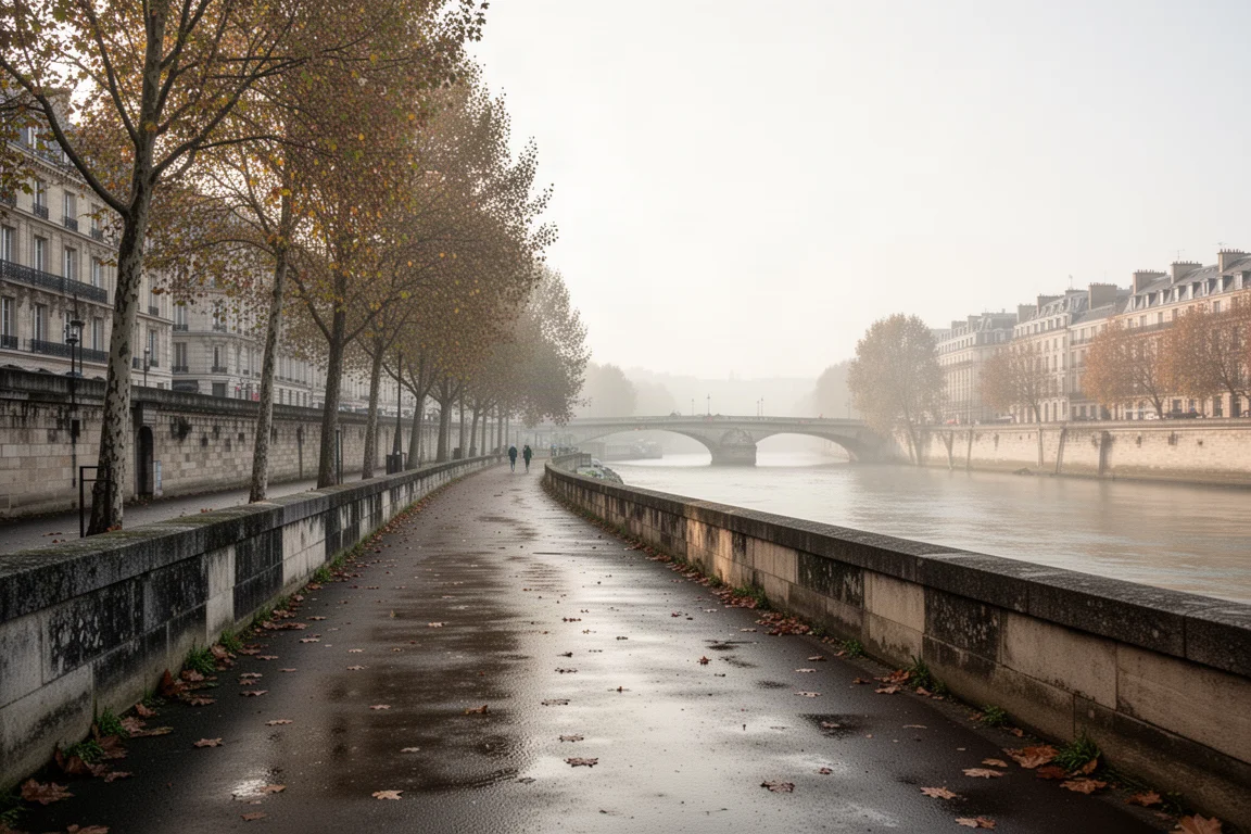 Camino junto al río en París con una suave luz matinal