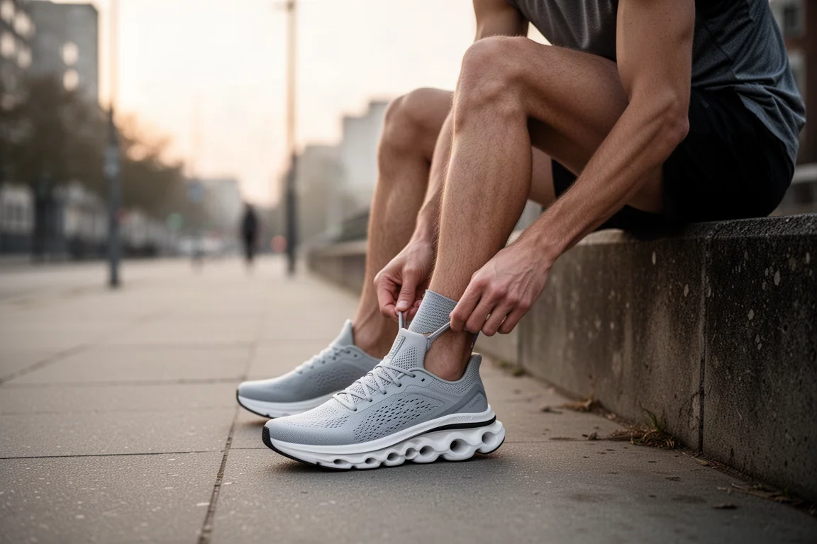 Runner's foot mid-stride on a running track in soft morning light