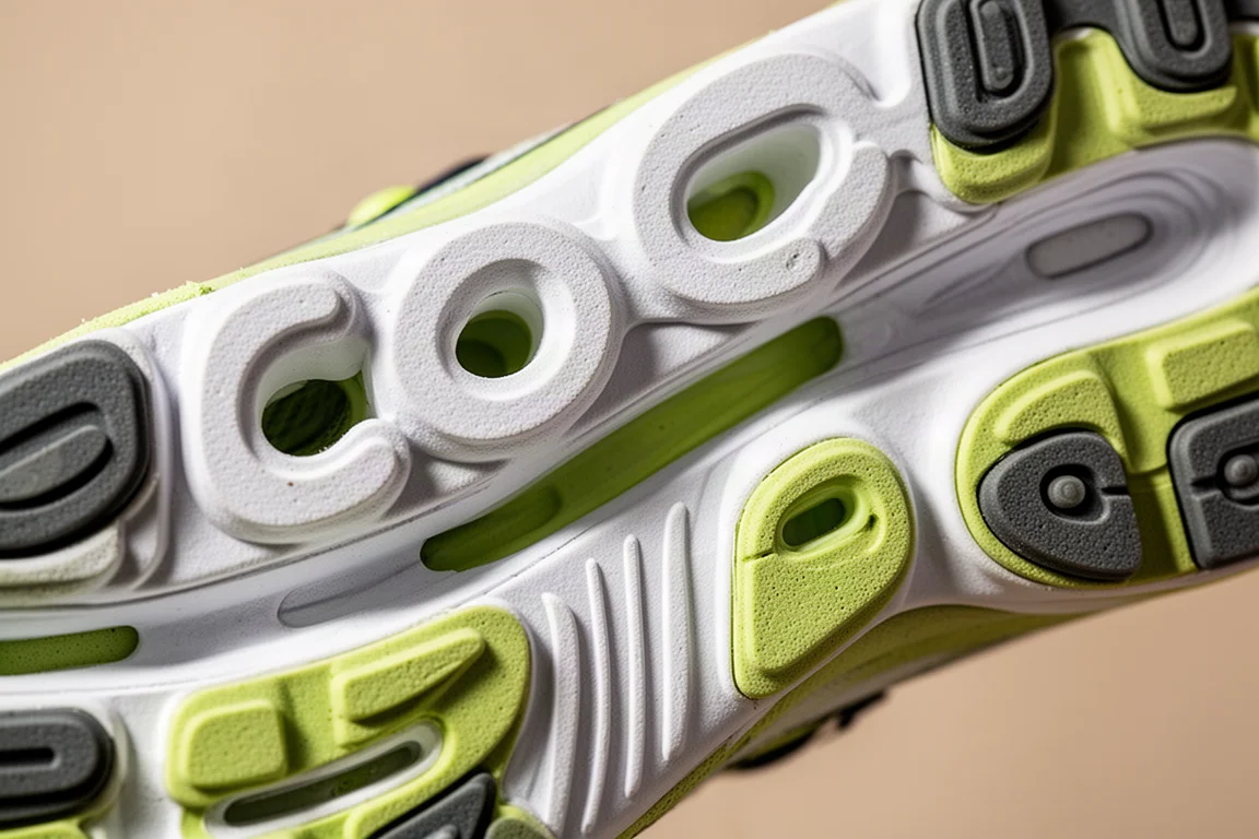 Close-up of a thick sculpted running shoe midsole on wet tarmac