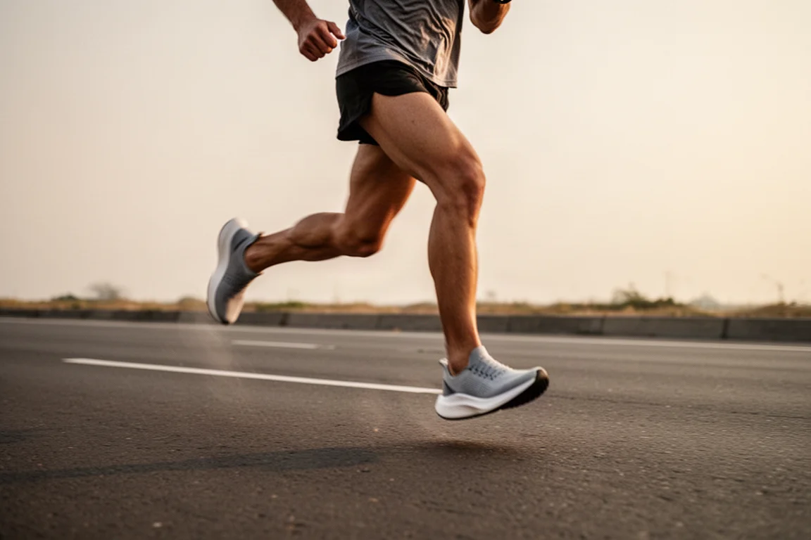Close-up of a runner's heel with a tall sock and lightweight shoe collar