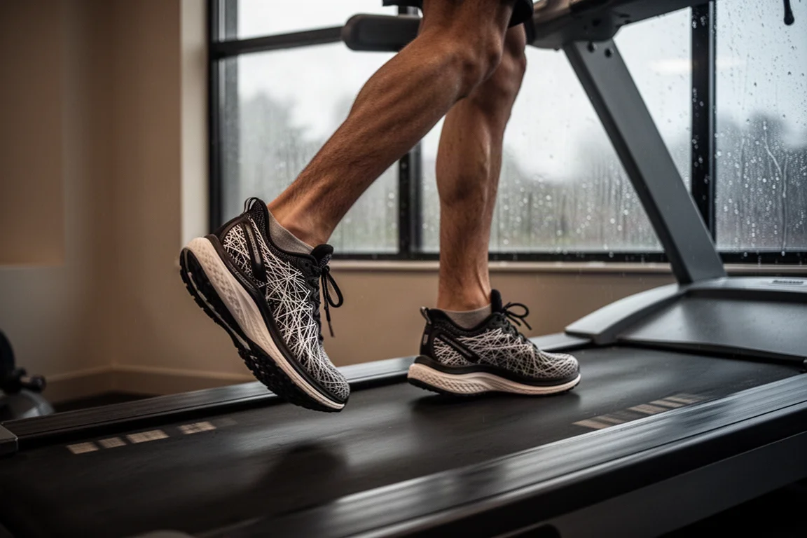 Coureur montant sur un tapis de course dans une salle de sport un matin de pluie
