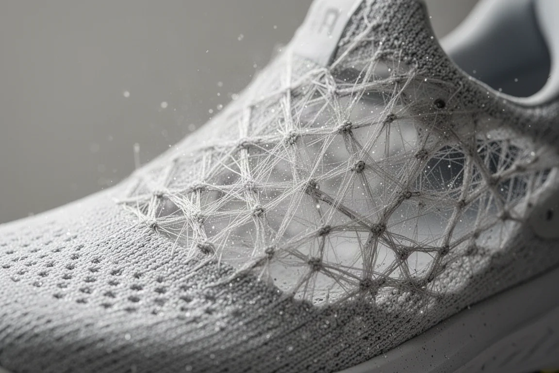 Gros plan sur une tige de chaussure légère de style tricotée montrant de fines fibres